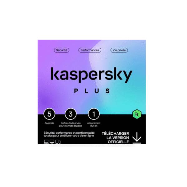 Kaspersky Plus (équivalent à Internet Security) – 5 Postes / 1 an